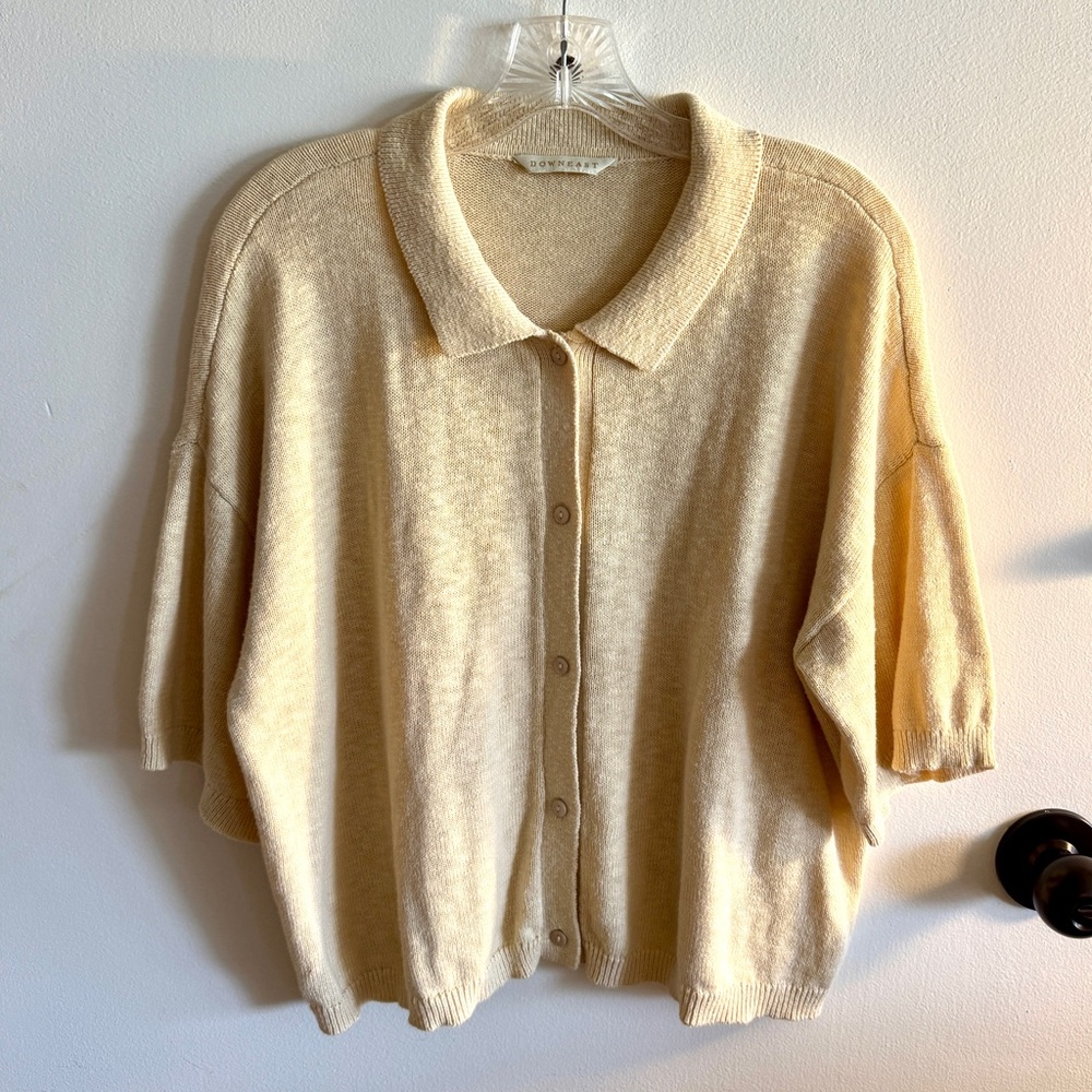 DownEast 100% Cotton Short Sleeve Beige Knit Cardigan Size XL Natural Fibers